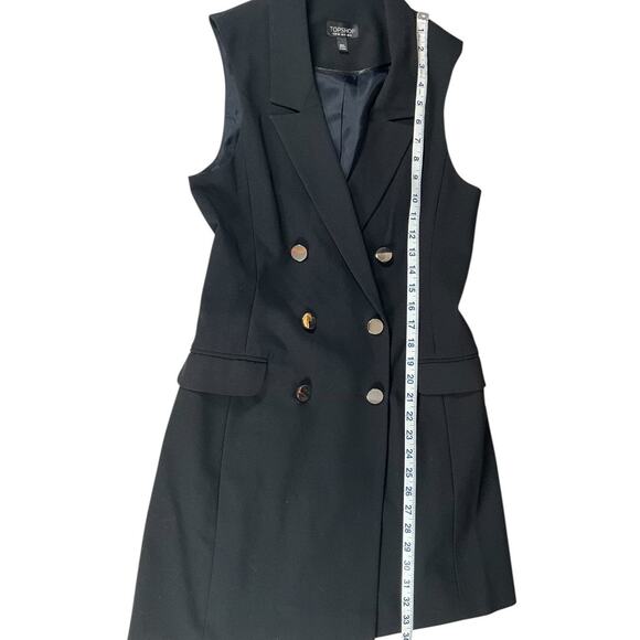 Topshop SZ 4 Black Sleeveless Blazer Dress Gold Button Double Lined Faux Pockets - Picture 9 of 10